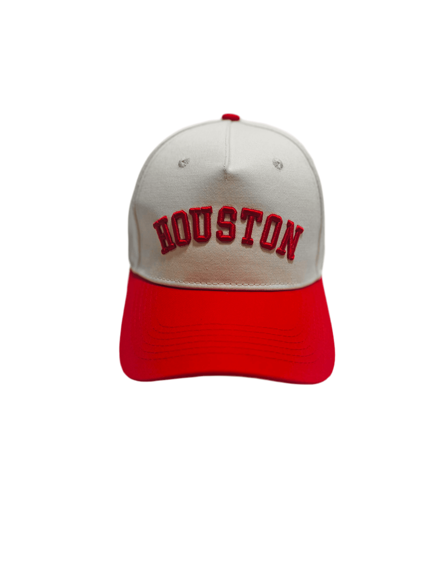 Houston Hat in red and cream, with premium 3D embroidery and adjustable buckle for the perfect fit.