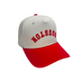 Houston Upside Down Hat in red and cream, featuring premium 3D embroidery and adjustable buckle for a perfect fit.