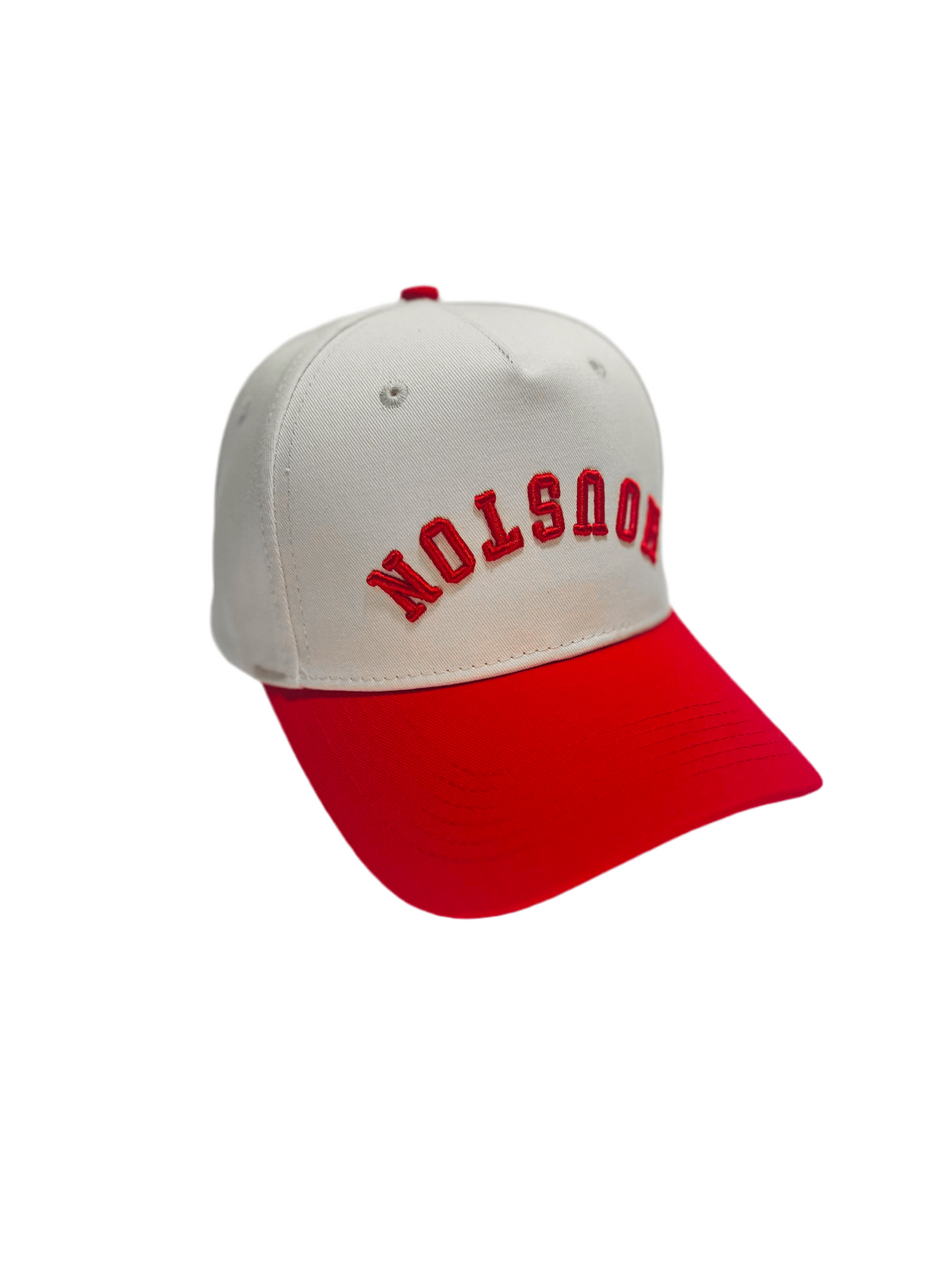 Houston Upside Down Hat in red and cream, featuring premium 3D embroidery and adjustable buckle for a perfect fit.
