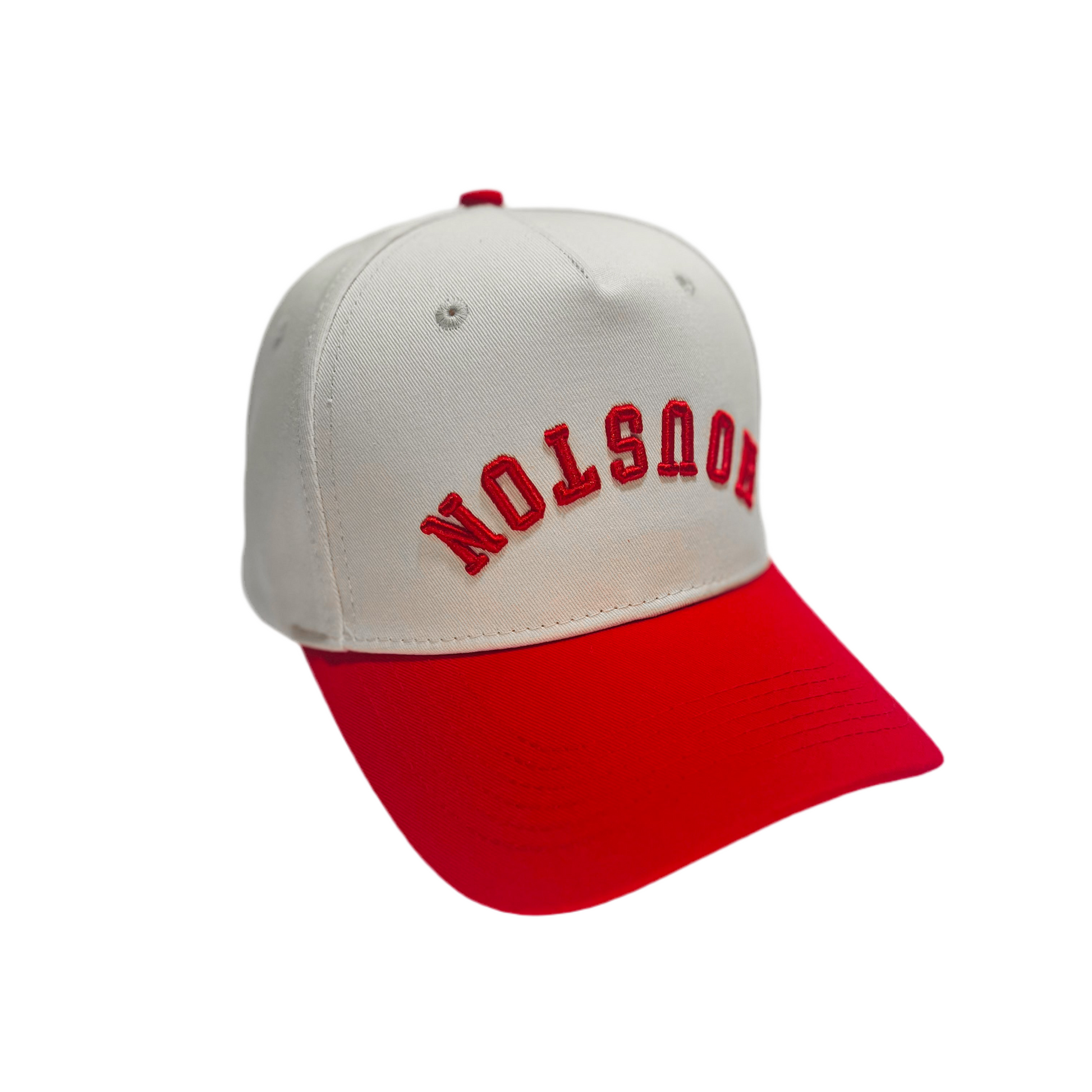 Houston Upside Down Hat in red and cream, featuring premium 3D embroidery and adjustable buckle for a perfect fit.