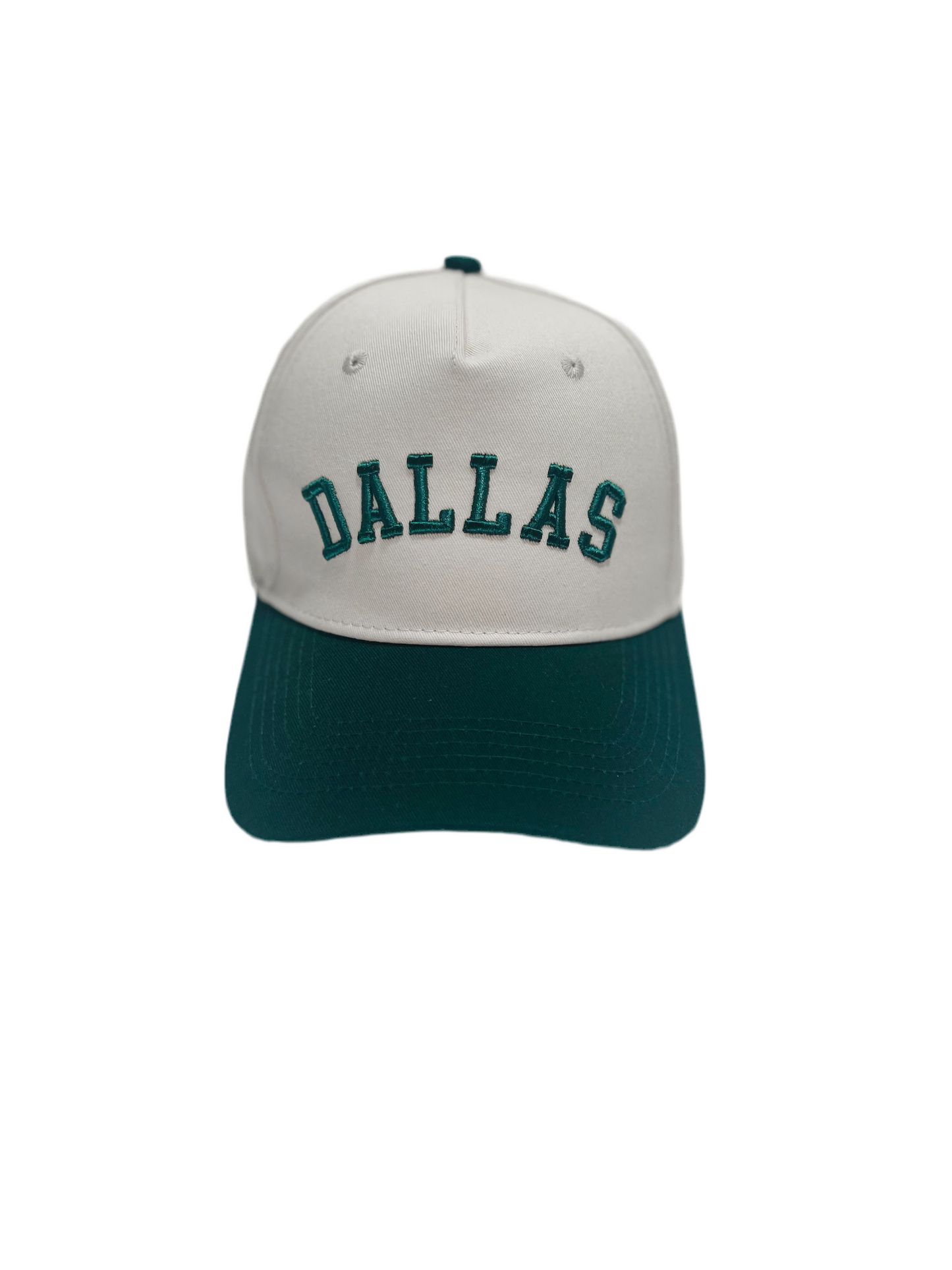 Dallas Hat in green and white with premium 3D embroidery, adjustable fit, unisex design for style and comfort.