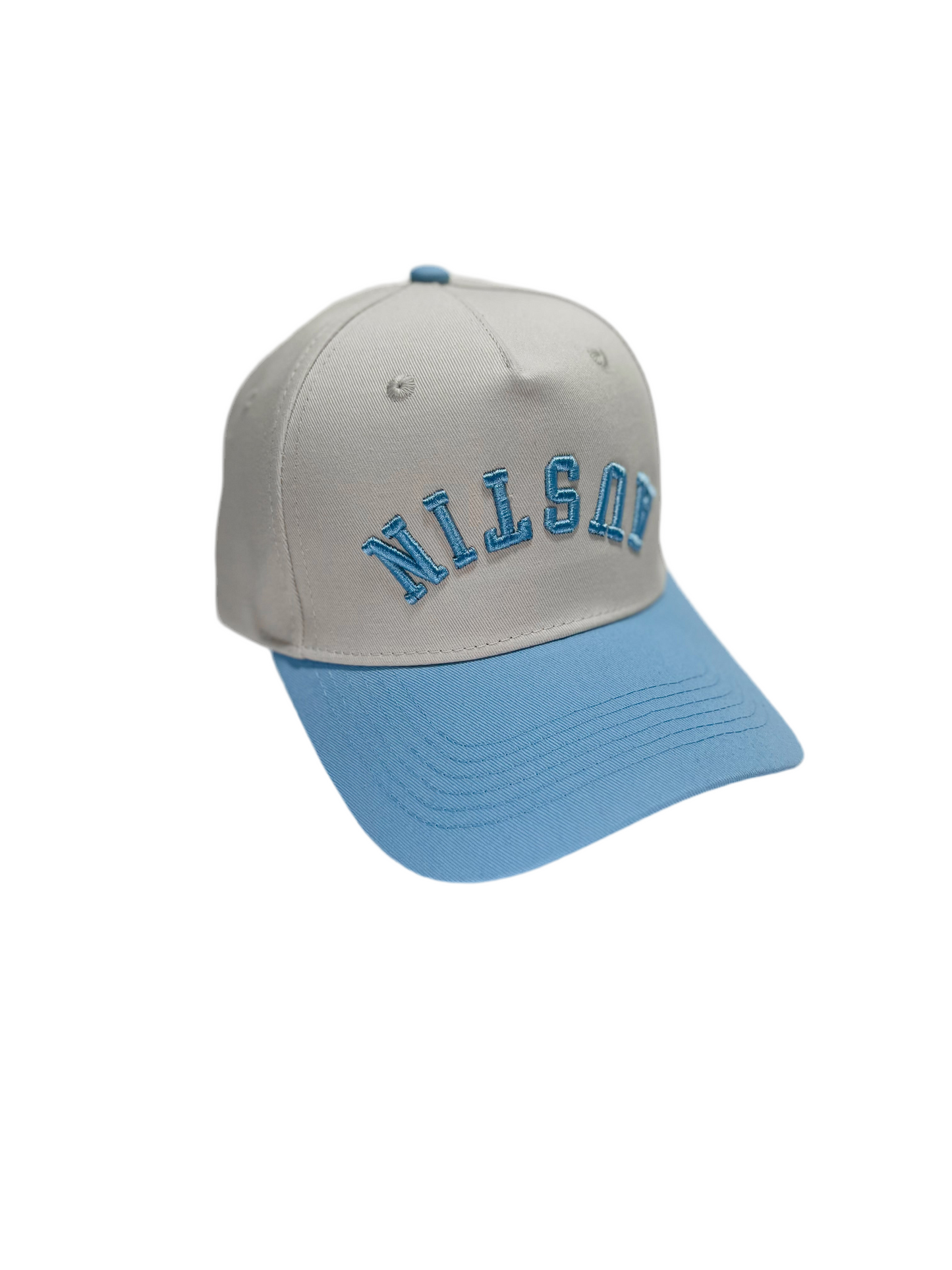 Austin Upside Down Hat in Sky Blue with premium 3D embroidery and adjustable buckle for a perfect fit.
