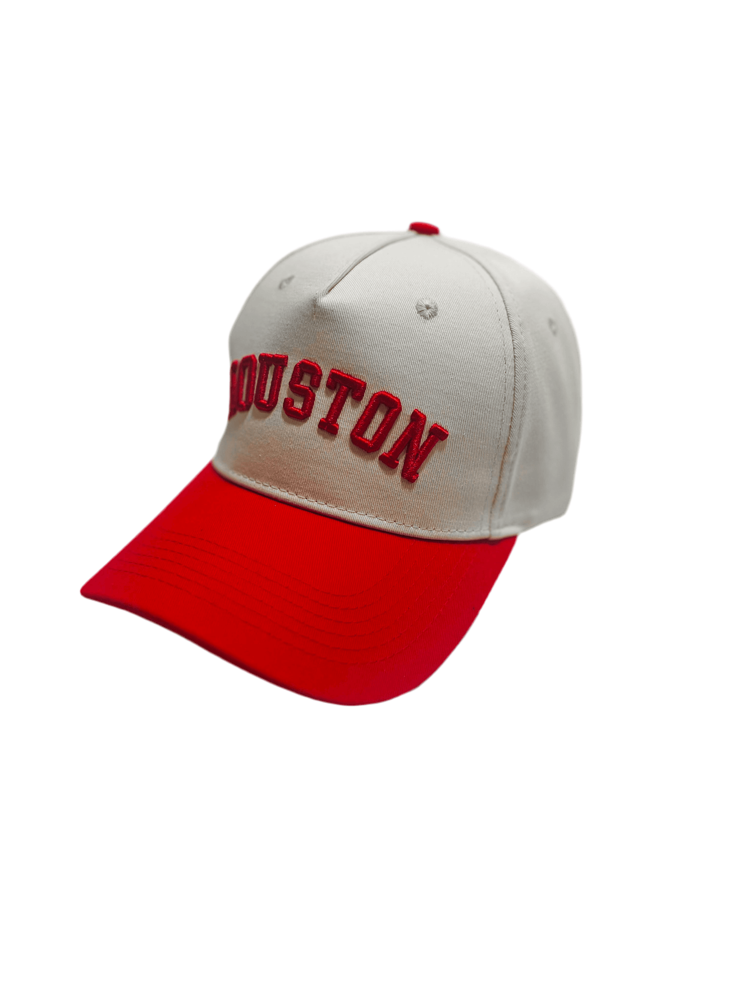 Houston Hat in red and beige with premium 3D embroidery, adjustable buckle for comfort and style.