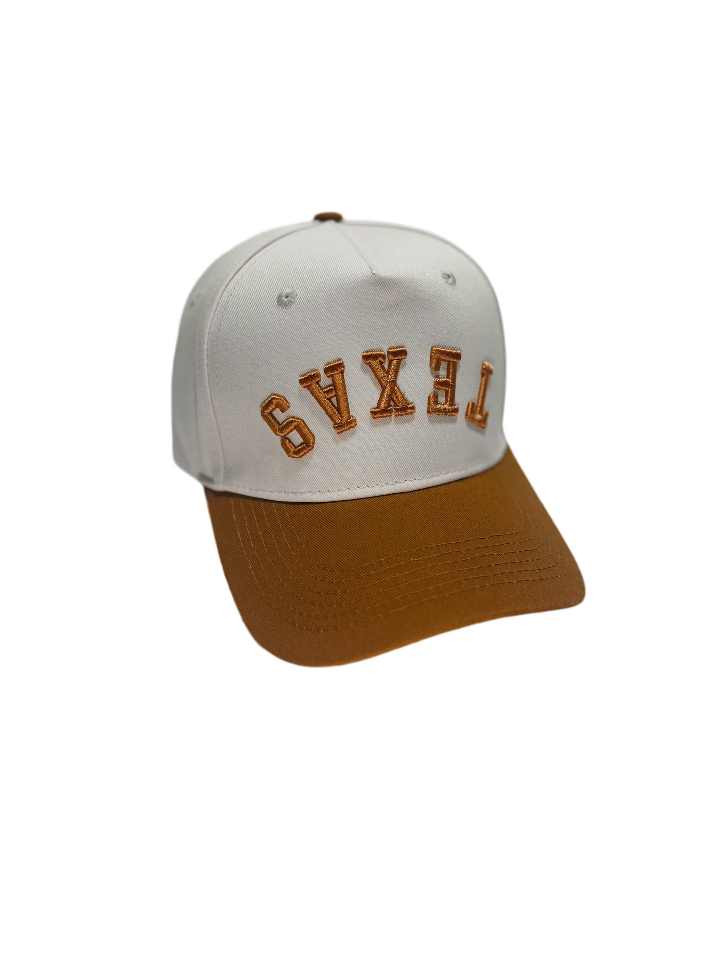 Orange Texas Upside Down Hat with premium embroidery, adjustable fit, unisex design, perfect for Texas fans.