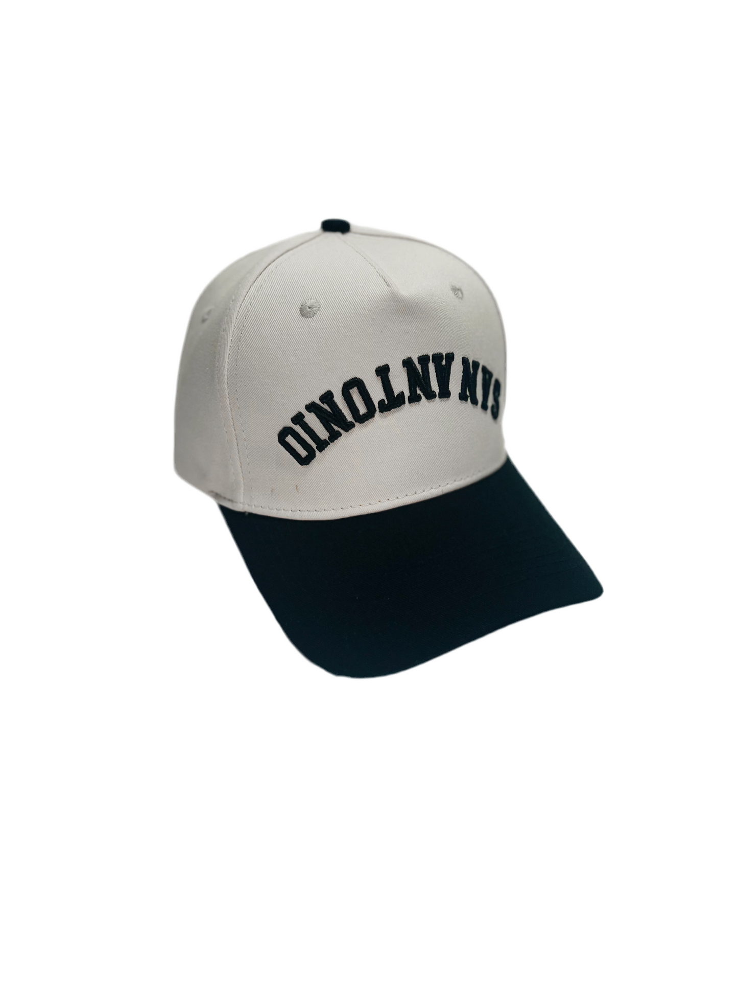 San Antonio Upside Down Hat in black and white with premium 3D embroidery, adjustable buckle, unisex design.