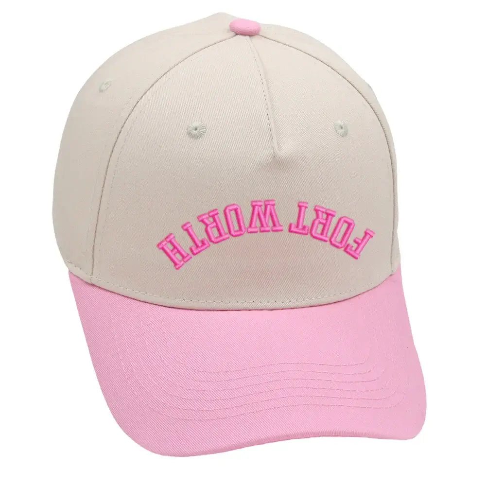 Fort Worth Upside Down Hat in pink with premium 3D embroidery and adjustable fit for unisex wear.