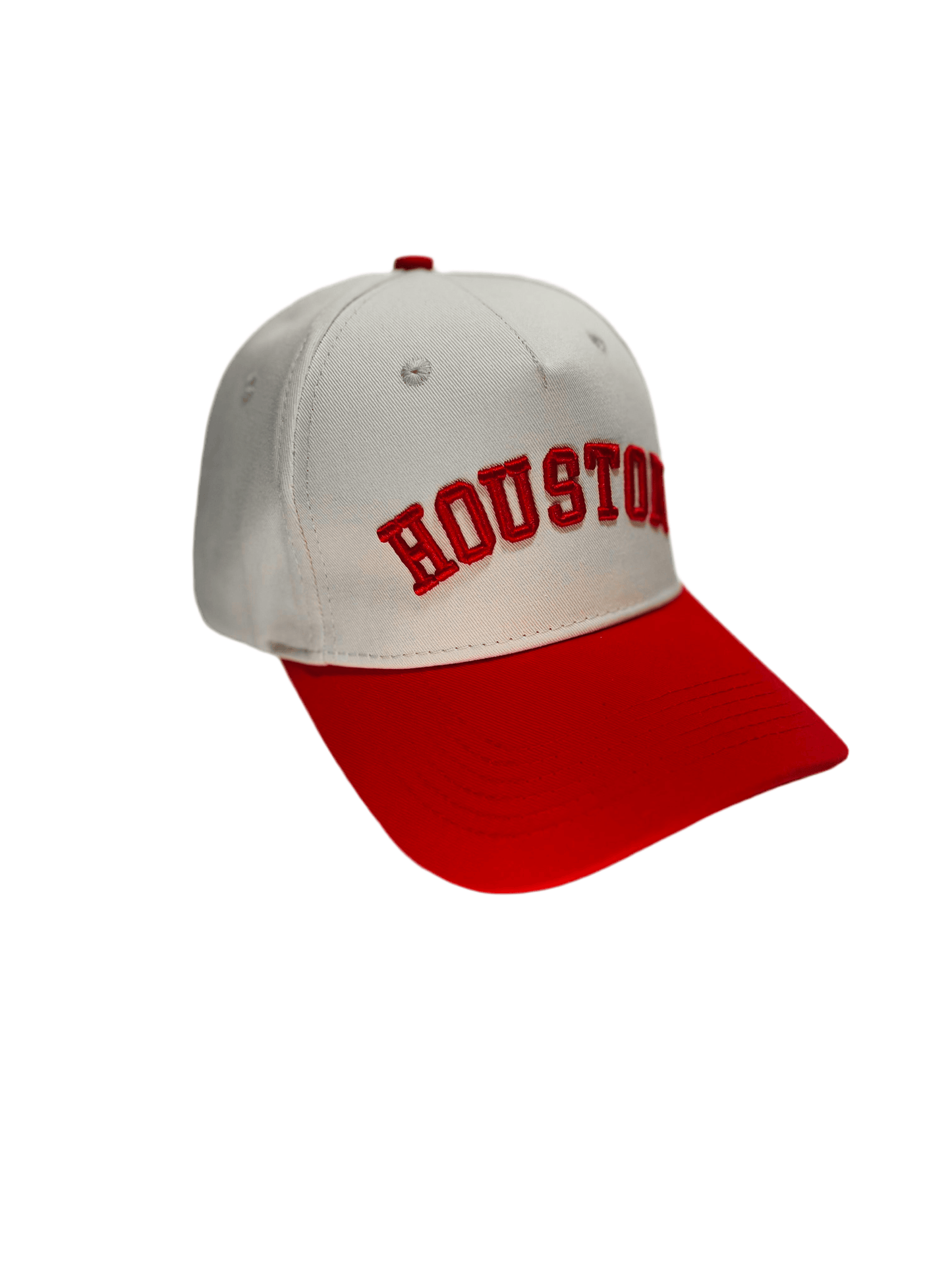Houston Hat in red and white with premium 3D embroidery and adjustable buckle for a perfect fit.