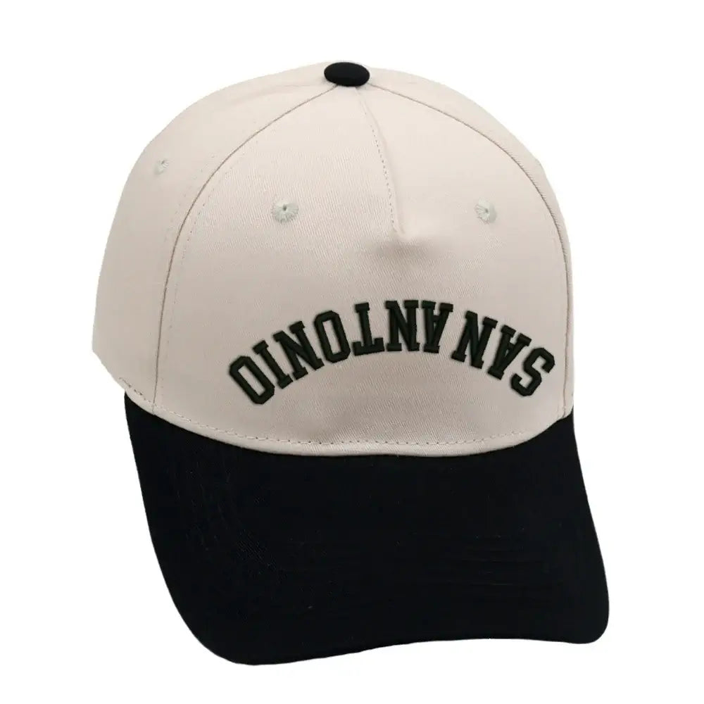 San Antonio Upside Down Hat in black and beige with 3D embroidery and adjustable buckle for a comfortable fit.