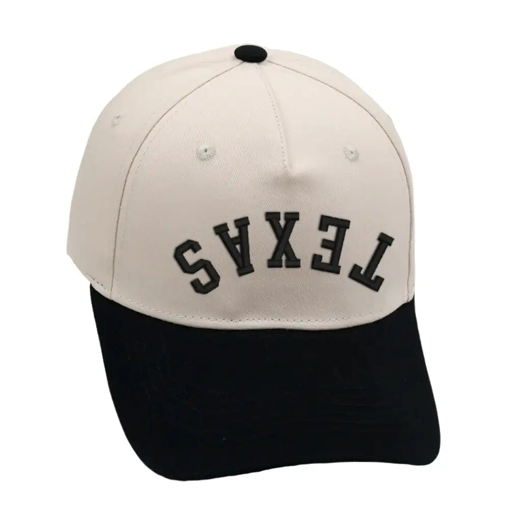 Texas Upside Down Hat in Black and Cream with premium 3D embroidery, adjustable fit, unisex design.