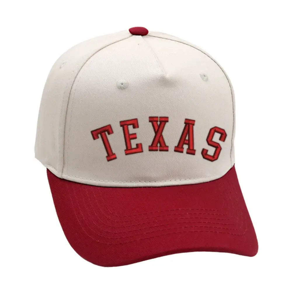 Texas Hat in Burgundy with 3D embroidery, adjustable, unisex design available in Classic and Upside Down styles.