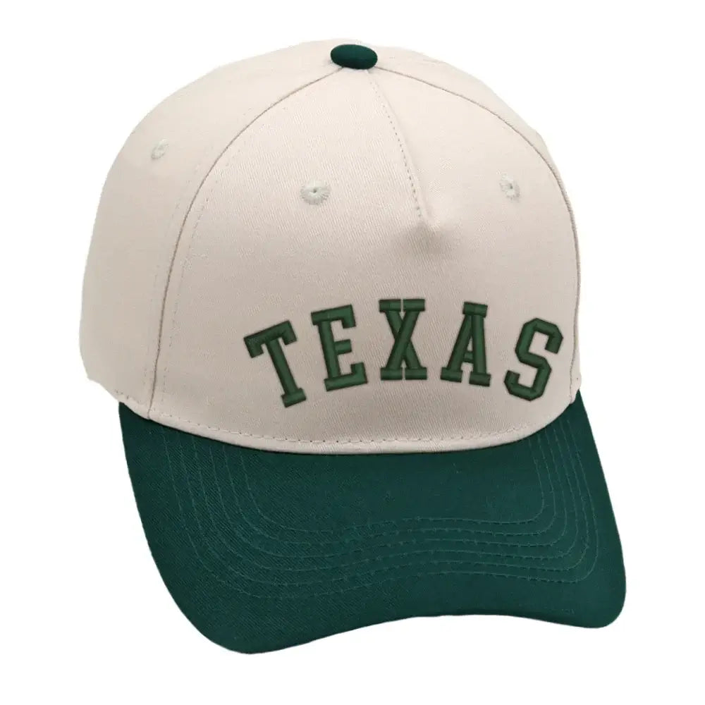 Texas hat in green and beige with premium 3D embroidery. Unisex design, adjustable buckle for a perfect fit.