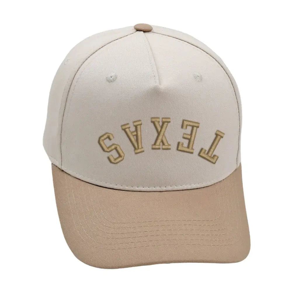 Texas Upside Down Hat in khaki with 3D embroidery, adjustable fit, unisex design, suitable for all Texas cities.