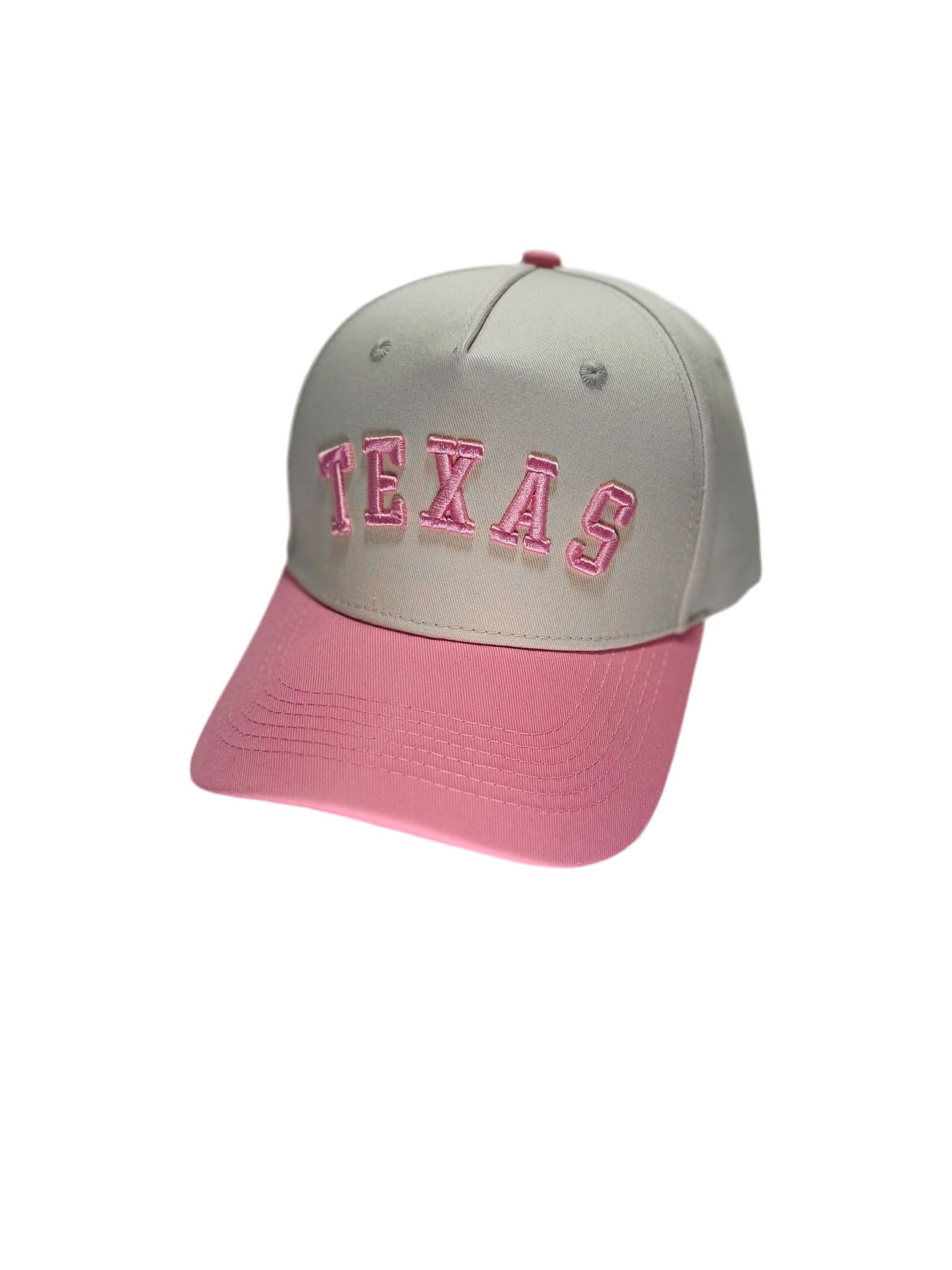 Pink Texas hat with 3D embroidery, adjustable buckle, unisex design, available in classic or upside-down styles.
