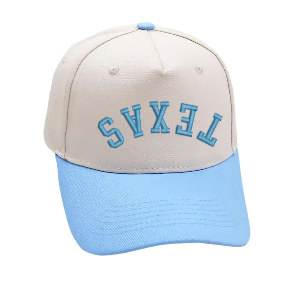 Texas Upside Down Hat in Sky Blue with premium 3D embroidery and adjustable buckle. Unisex design, one size fits all.