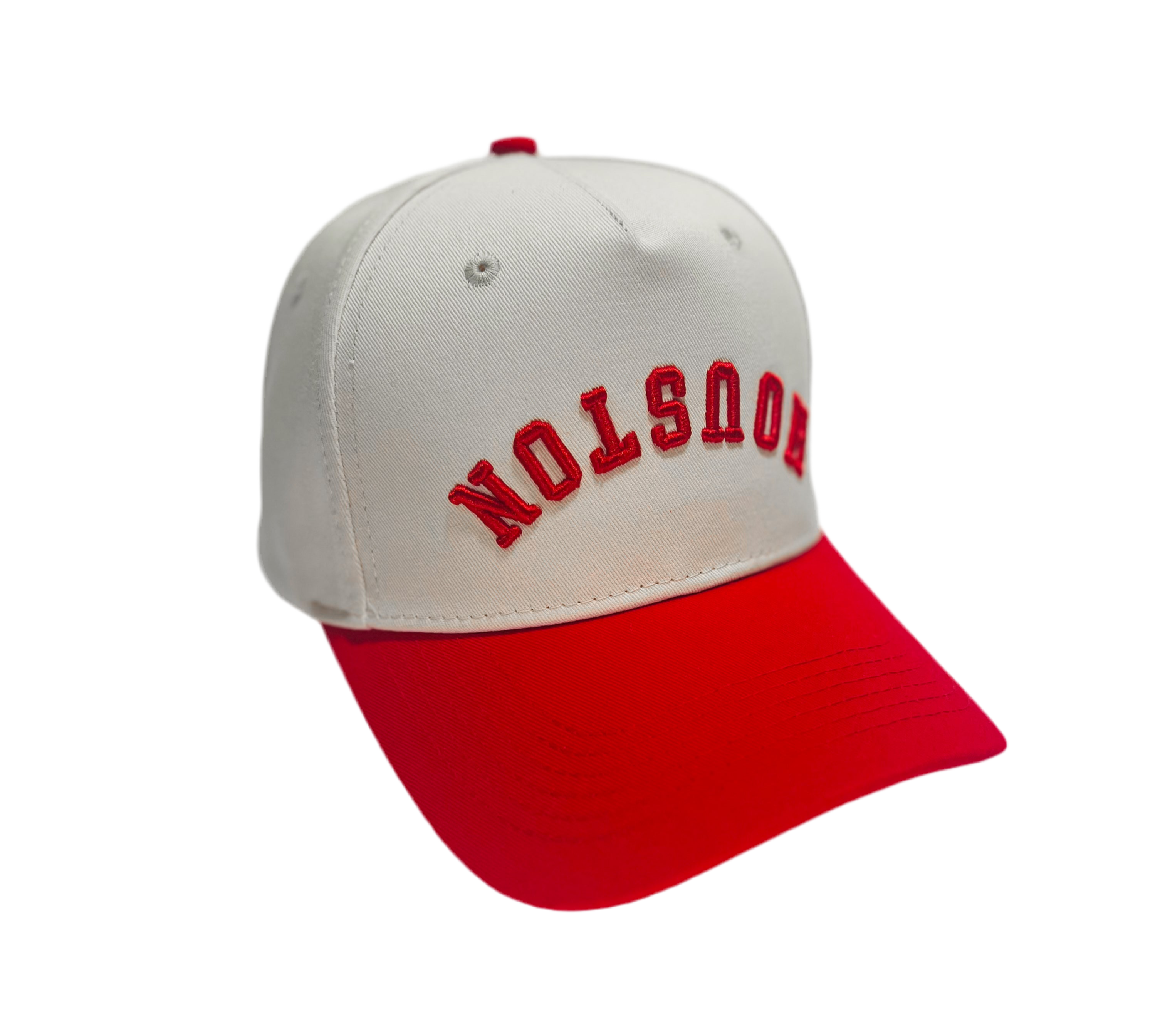 Houston Upside Down Hat in red and cream, featuring premium 3D embroidery and adjustable buckle for a perfect fit.