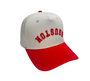 Houston Upside Down Hat in red and cream, featuring premium 3D embroidery and adjustable buckle for a perfect fit.