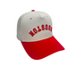 Houston Upside Down Hat in red and cream, featuring premium 3D embroidery and adjustable buckle for a perfect fit.