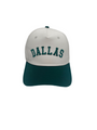 Dallas Hat in green and white with premium 3D embroidery, adjustable fit, unisex design for style and comfort.