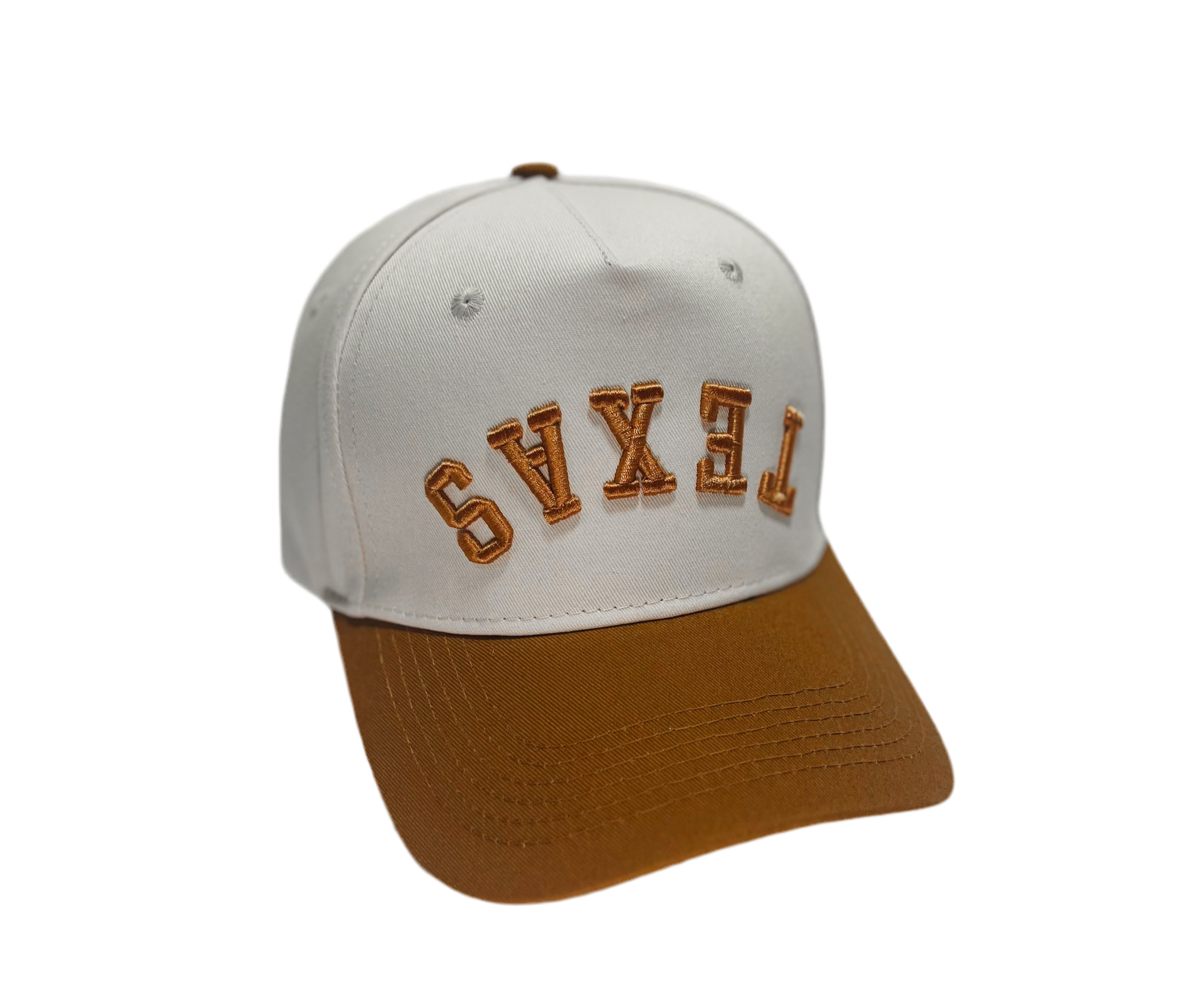 Orange Texas Upside Down Hat with premium embroidery, adjustable fit, unisex design, perfect for Texas fans.