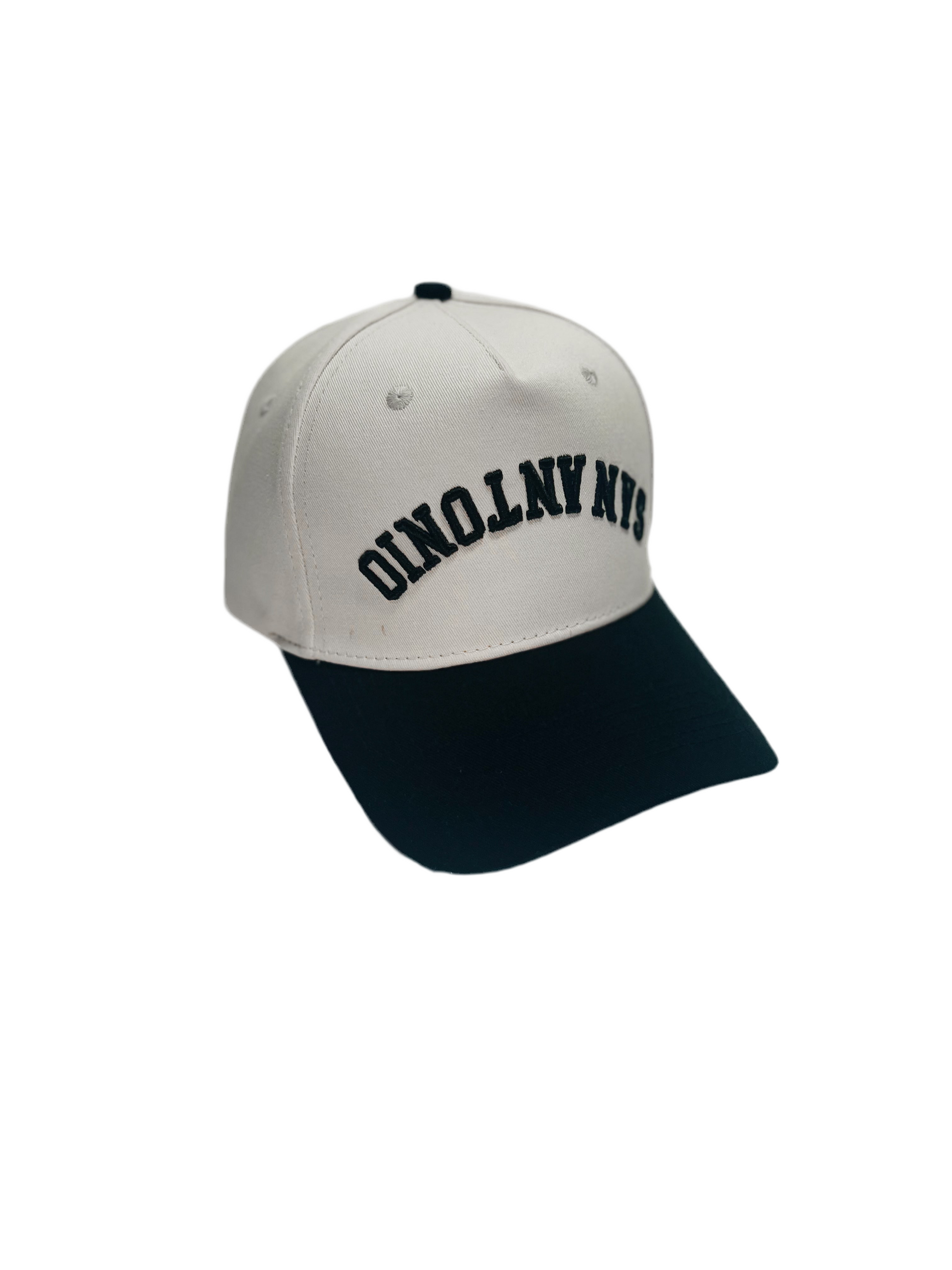 San Antonio Upside Down Hat in black and white with premium 3D embroidery, adjustable buckle, unisex design.