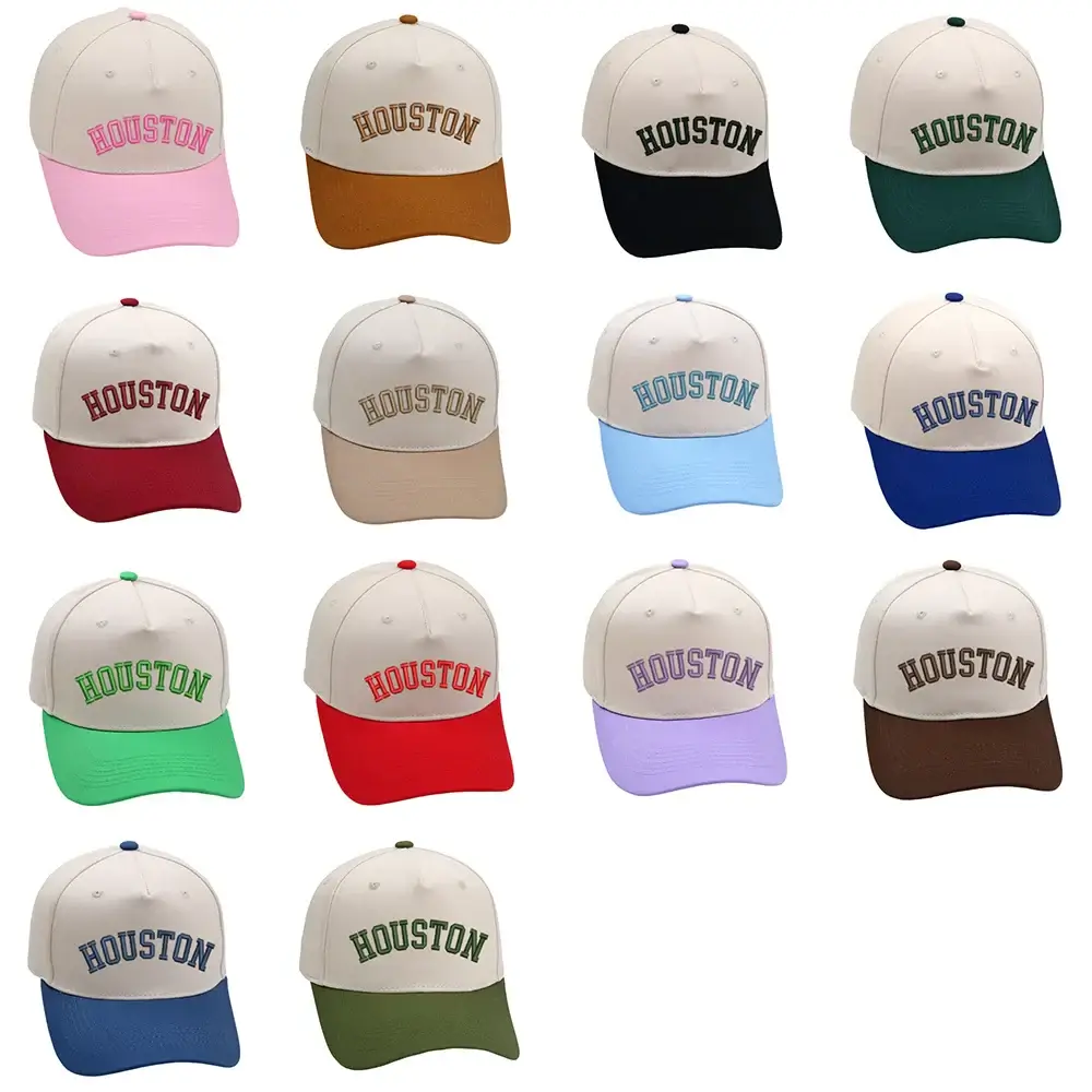 Variety of unisex Houston hats with 3D embroidery in multiple colors and adjustable fit.