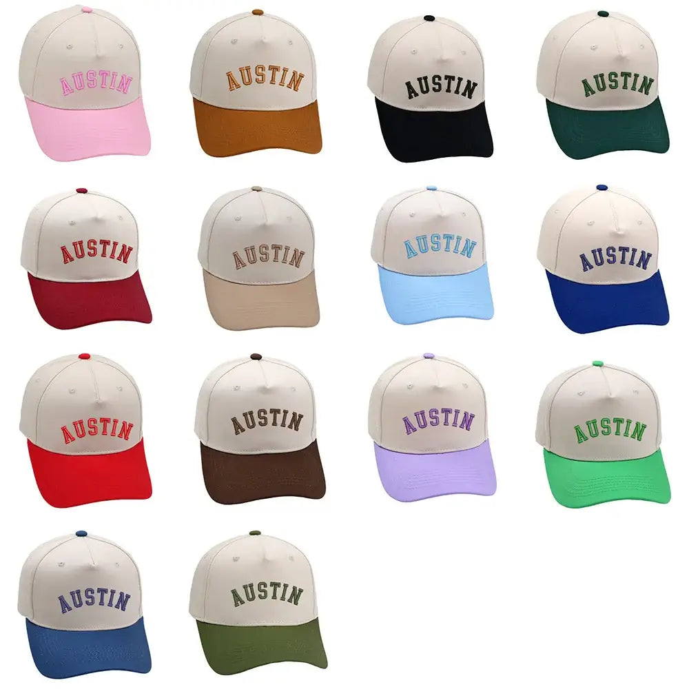 Variety of unisex Austin hats in multiple colors with premium 3D embroidery and adjustable buckles for a perfect fit.