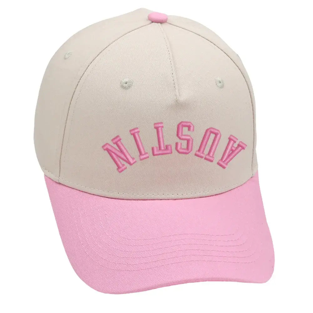 Austin Upside Down Hat in pink with premium 3D embroidery and adjustable buckle for all sizes.