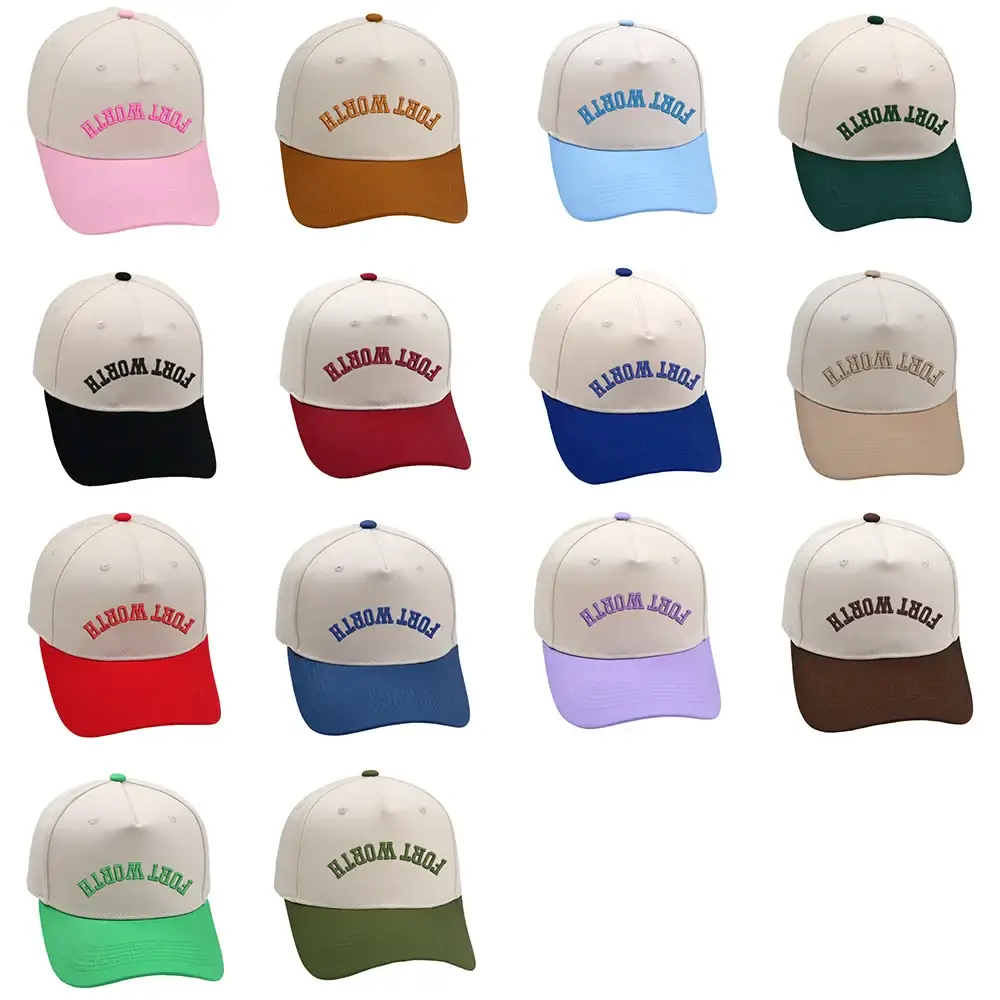 Collection of Fort Worth upside down hats in various colors with 3D embroidery and adjustable buckle design.