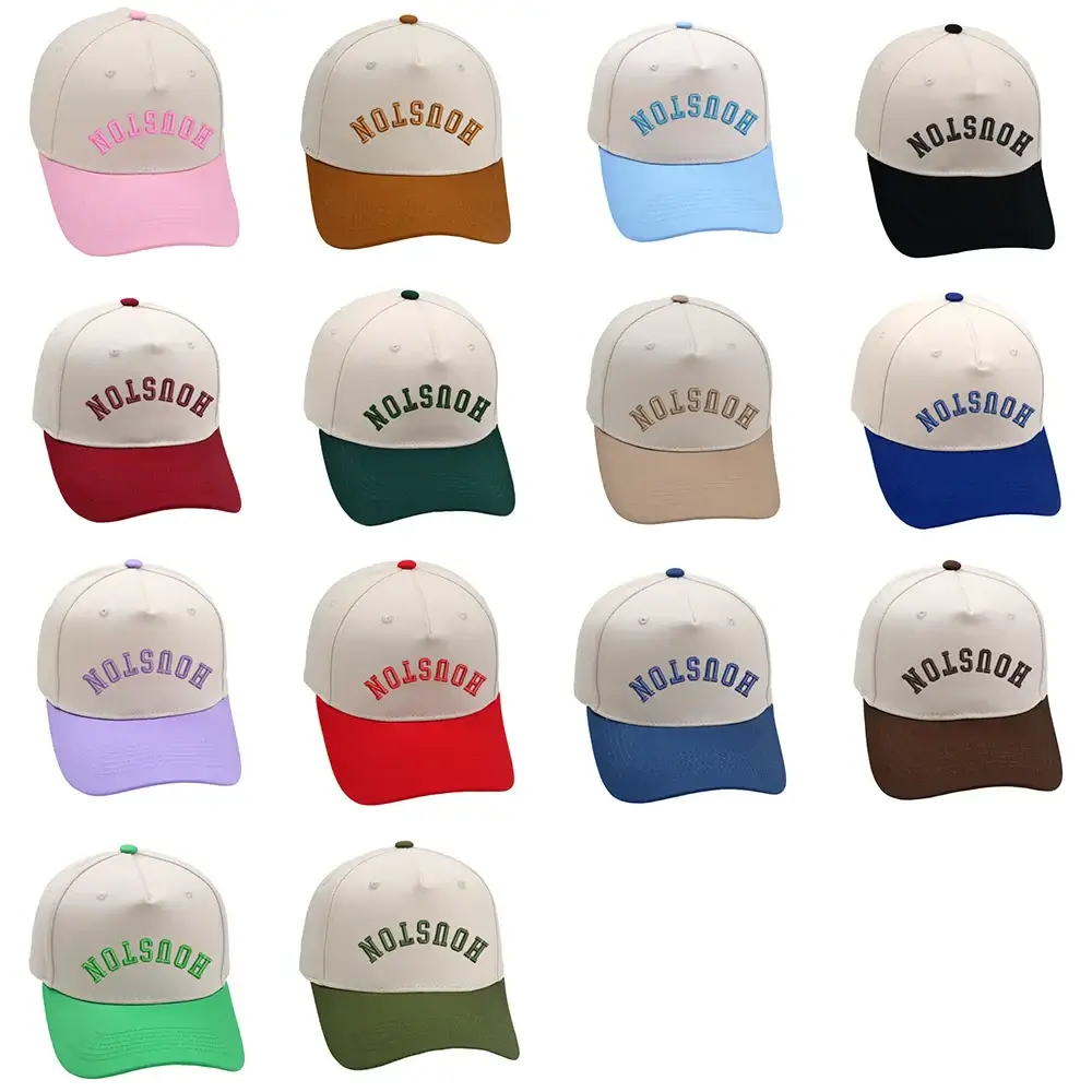 Houston upside down hats in various colors, featuring premium embroidery and adjustable fit, unisex design.