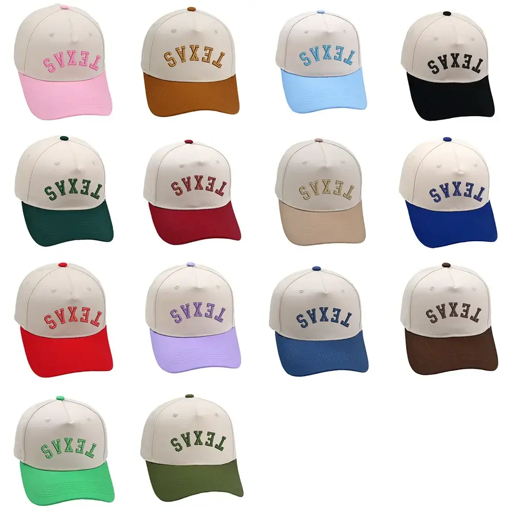 Variety of Texas upside down hats in multiple colors and styles, featuring 3D embroidery and adjustable fit.