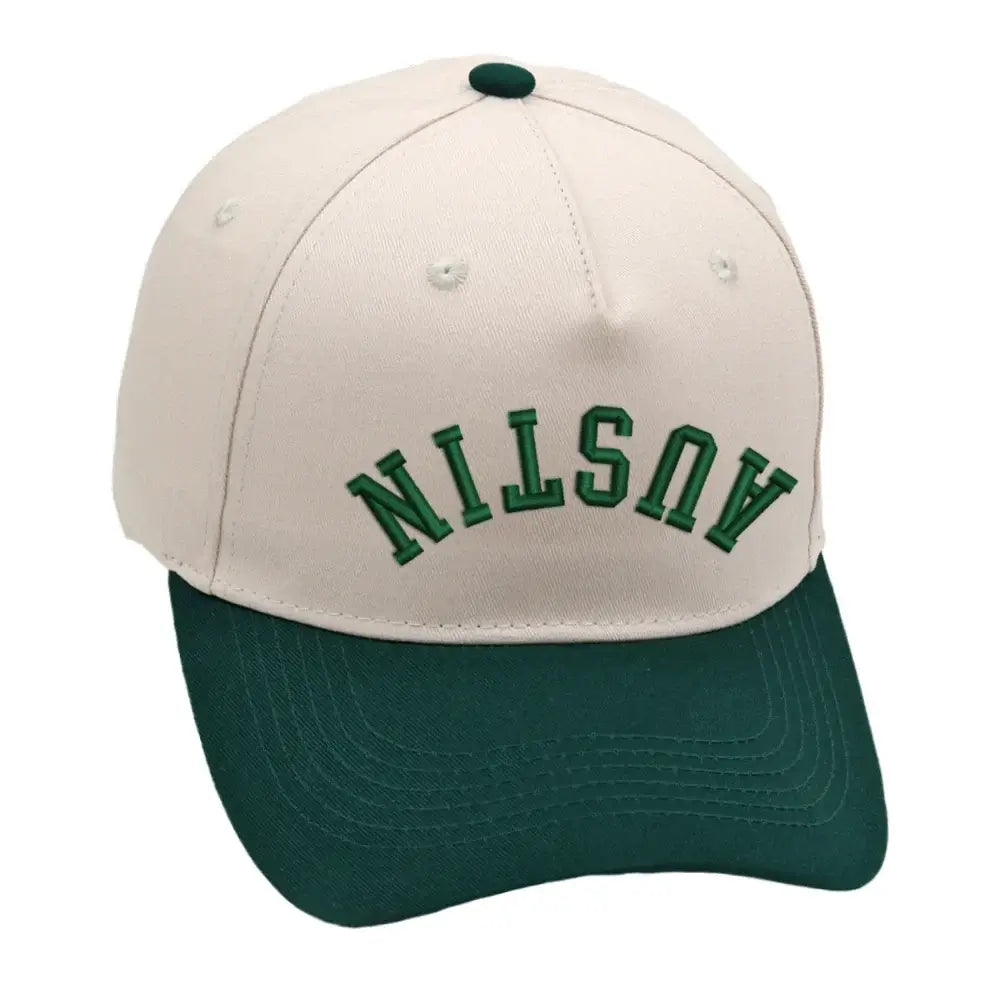 Austin Upside Down Hat in green with premium 3D embroidery, adjustable and unisex design, perfect for all styles.