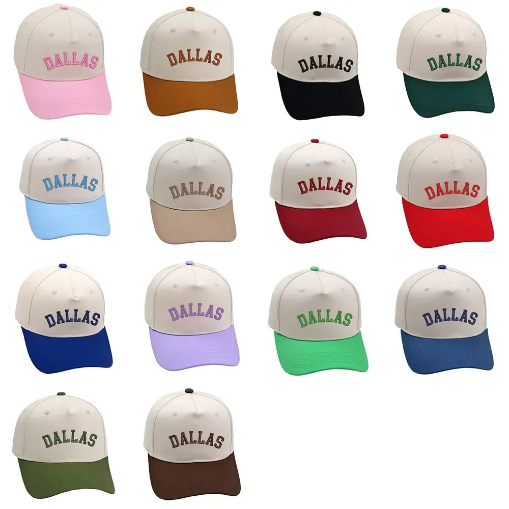 Collection of Dallas hats in various colors with premium 3D embroidery, adjustable for a perfect fit.