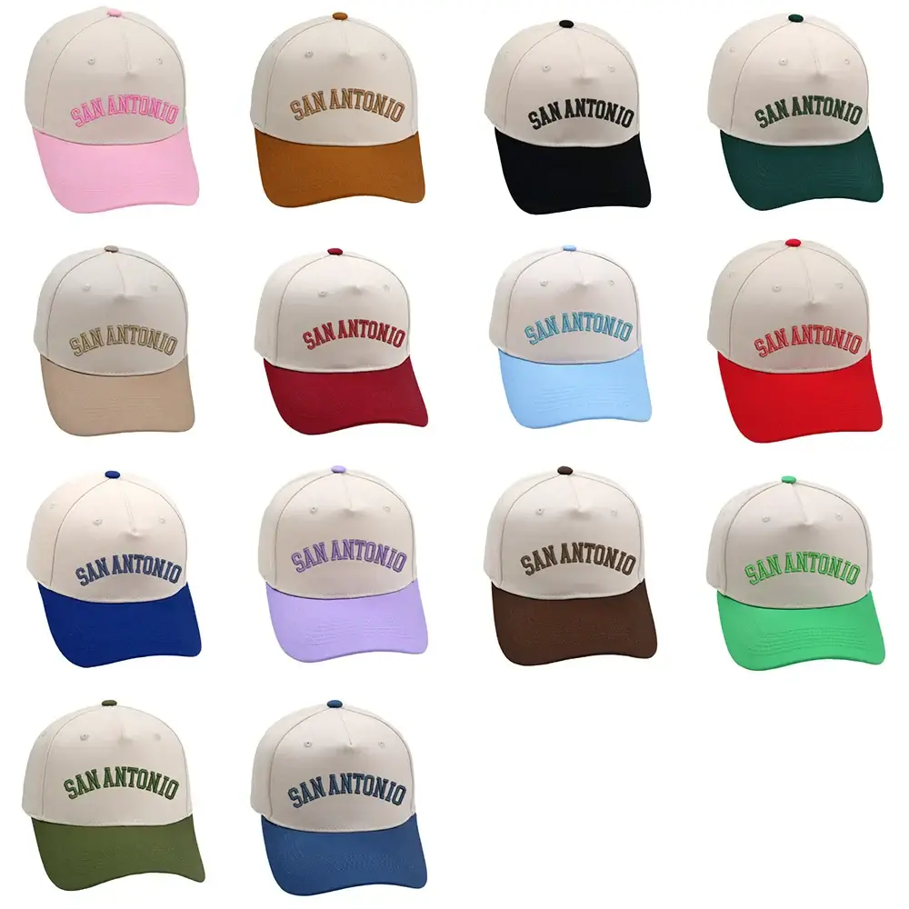 Collection of San Antonio hats in various colors with premium 3D embroidery and adjustable fit.