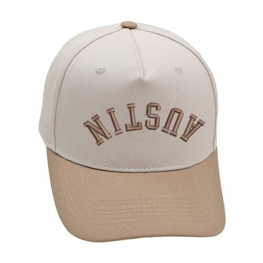 Austin Upside Down Hat in khaki, featuring premium 3D embroidery and adjustable design for comfort.