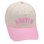 Austin unisex baseball cap with premium 3D embroidery and adjustable buckle, featuring a pink and beige design.