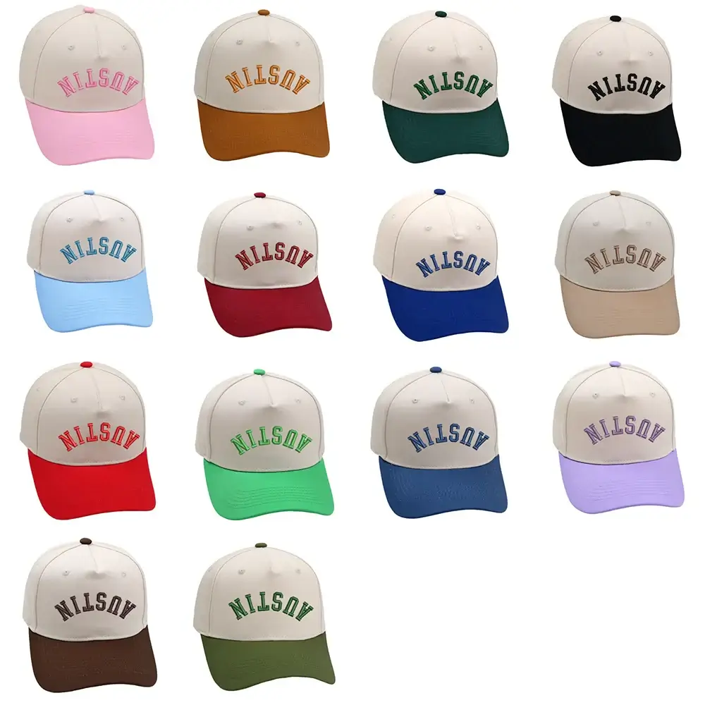 Austin Upside Down Hats in various colors with 3D embroidery, adjustable for perfect fit, unisex design.