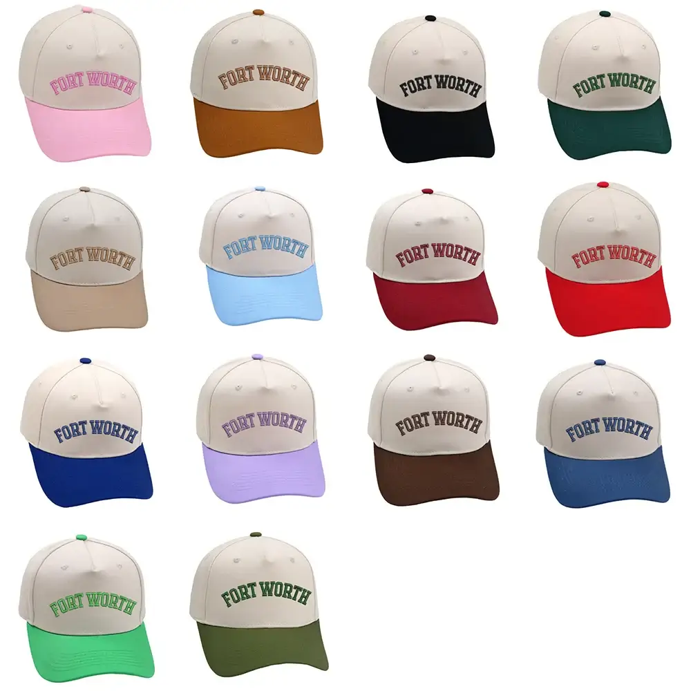Various unisex Fort Worth hats with 3D embroidery in multiple colors and styles, featuring adjustable buckle for comfort.