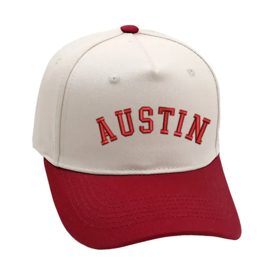Austin Hat in burgundy and cream with 3D embroidery; adjustable and unisex for all sizes.
