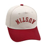 Austin Upside Down Hat in burgundy and beige with 3D embroidery and adjustable buckle for a perfect fit.