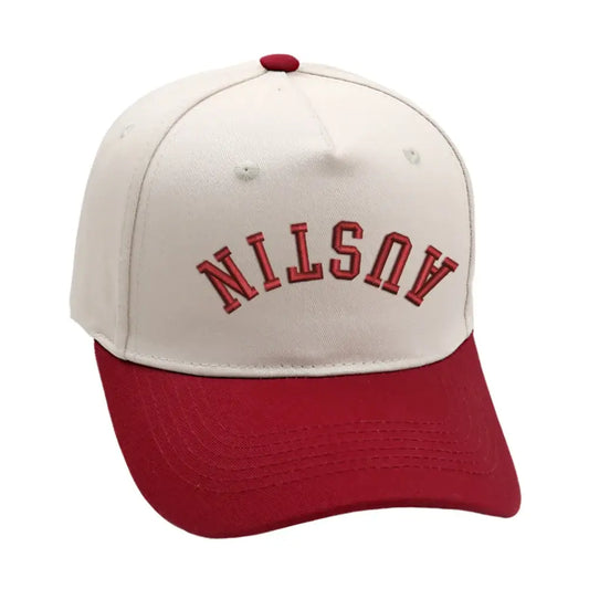 Austin Upside Down Hat in burgundy and beige with 3D embroidery and adjustable buckle for a perfect fit.