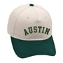Austin Hat in green and beige, featuring premium 3D embroidery and adjustable buckle, unisex design.