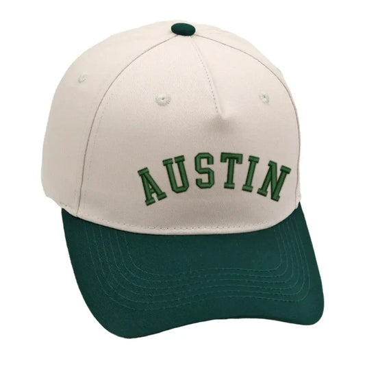 Austin Hat in green and beige, featuring premium 3D embroidery and adjustable buckle, unisex design.