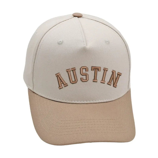 Austin khaki hat with premium 3D embroidery, adjustable buckle for a perfect fit, unisex design.