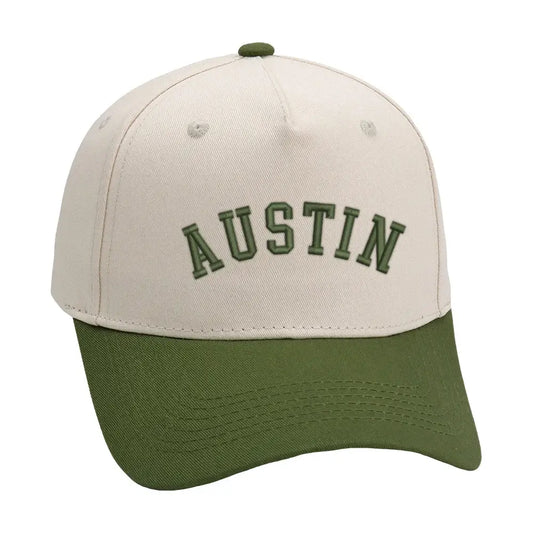 Austin Hat in olive with premium 3D embroidery, adjustable buckle, one size fits all, unisex design.
