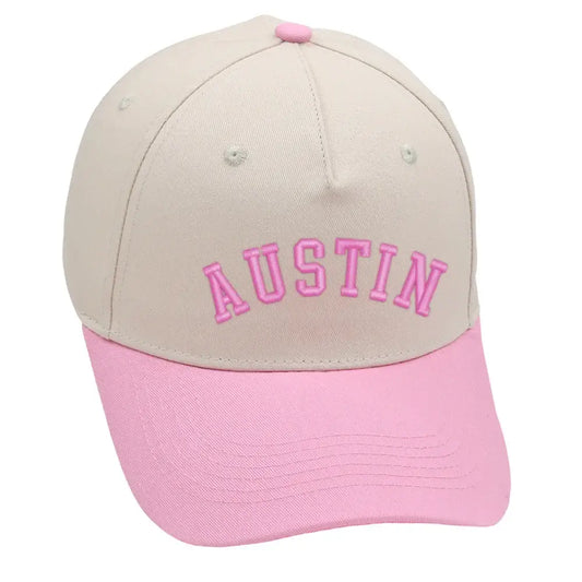Austin Hat in pink with 3D embroidered text, adjustable buckle for a perfect fit, unisex design.
