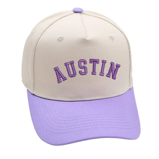 Austin Hat in purple with 3D embroidery, adjustable fit, unisex design, perfect for stylish comfort.
