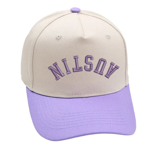 Austin upside down hat in purple with premium 3D embroidery, adjustable fit, unisex design.