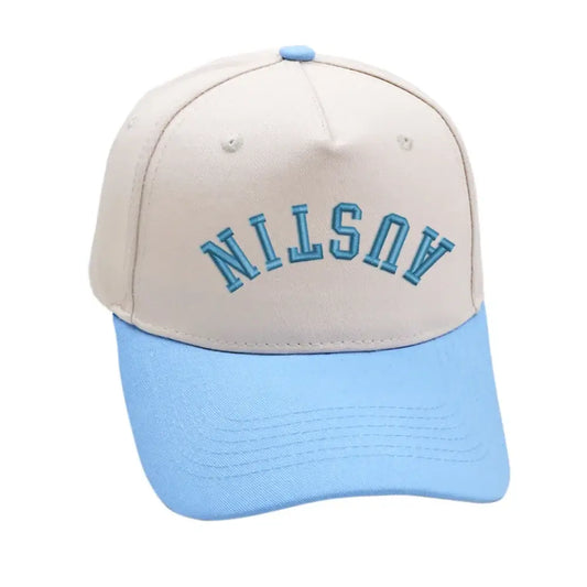 Austin Upside Down Hat in Sky Blue with premium 3D embroidery and adjustable buckle for a perfect fit.
