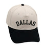 Dallas Hat in black and beige with 3D embroidery, adjustable buckle, unisex design for lasting comfort.