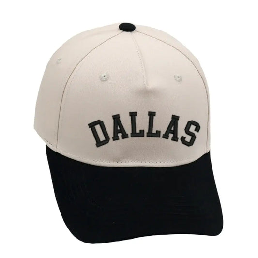 Dallas Hat in black and beige with 3D embroidery, adjustable buckle, unisex design for lasting comfort.
